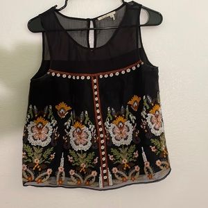 Anthropologie Floreat Black Embroidered Nalini Sleeveless Top